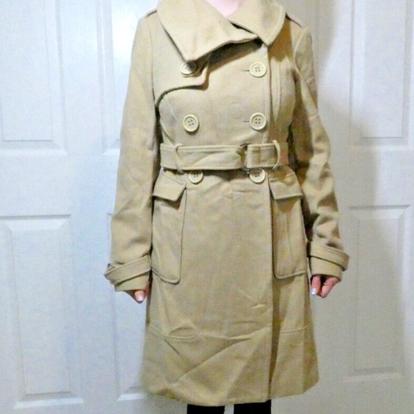 Brown Lambs Wool Trench Coat bebe Winter Warm Classic Double Breasted Women M